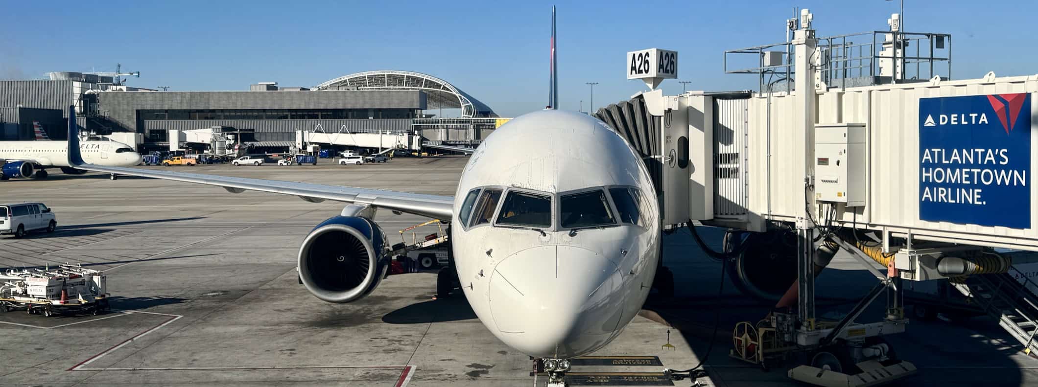 A plane parked for boarding at Atlanta airport in the USA