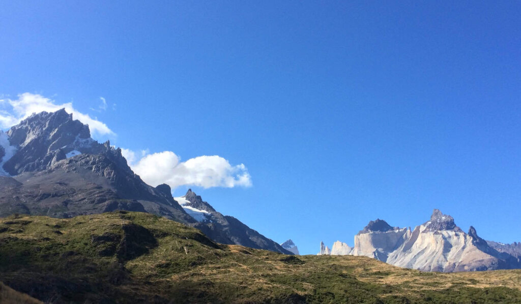 A bright and sunny blue sky over the epic mountains of Patagonia, Argentina
