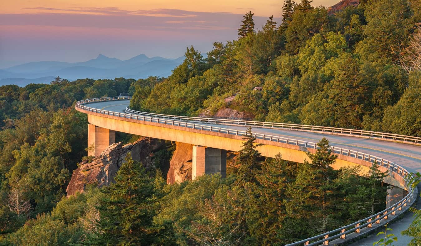 The winding Blue Ridge Parkway surrounded by forests and mountains, near Asheville, North Carolina