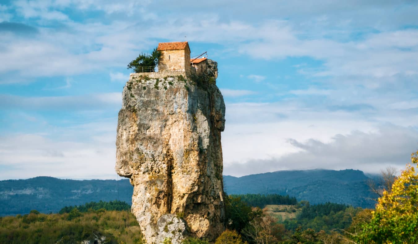 The famous church on the narrow and towering Katskhi Pillar in Georgia