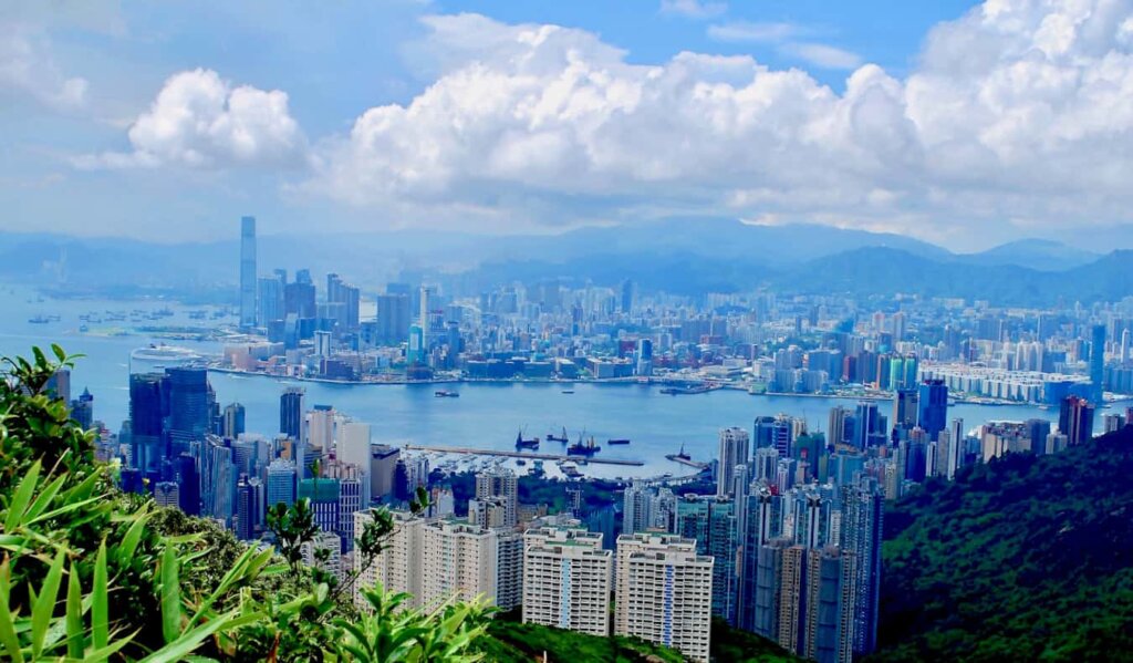 aerial view of Hong Kong from Victoria Peak on a sunny day
