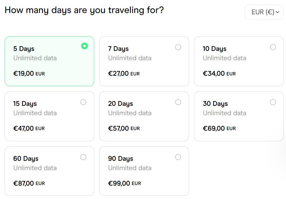 a Holafly eSIM screenshot from their website with prices for eSIMs in Europe