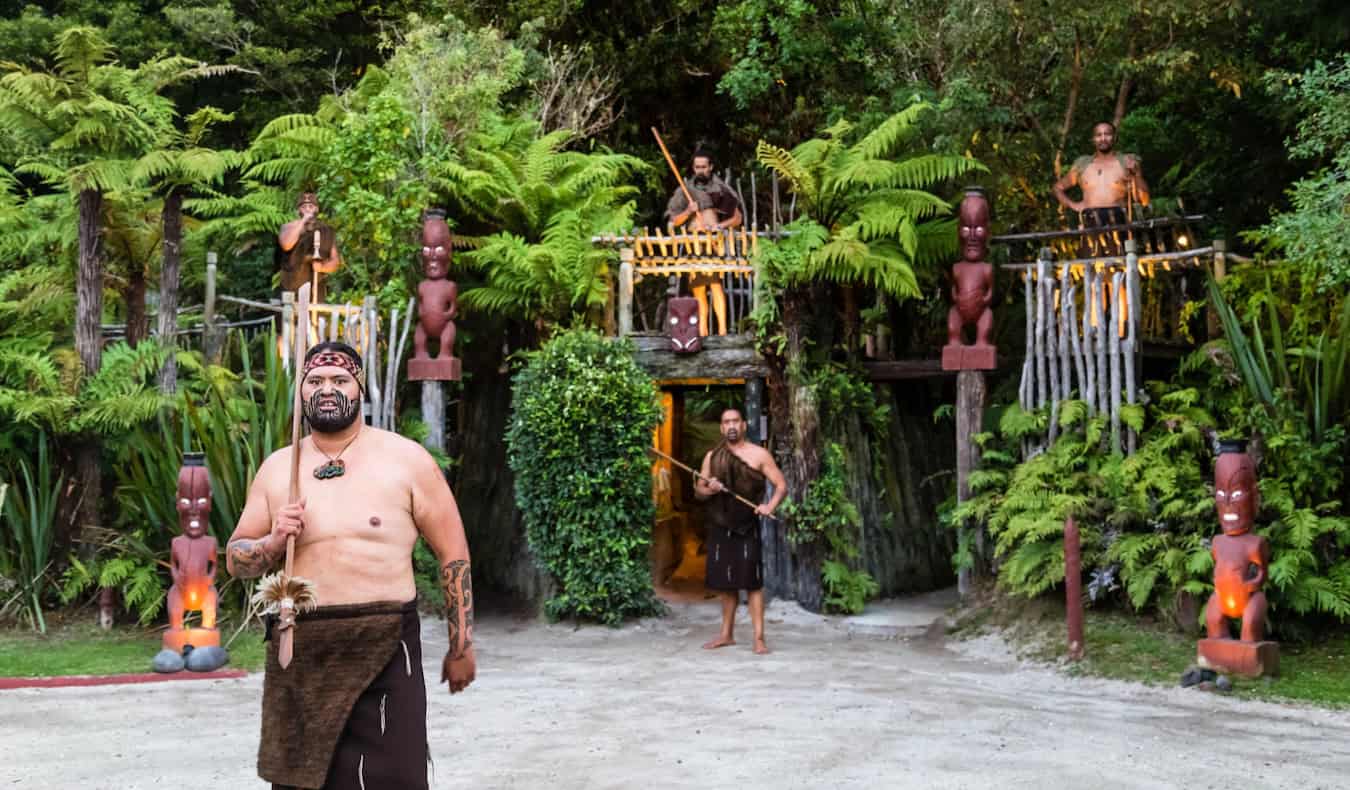 Maori warriors doing a performance in New Zealand at a Maori cultural show