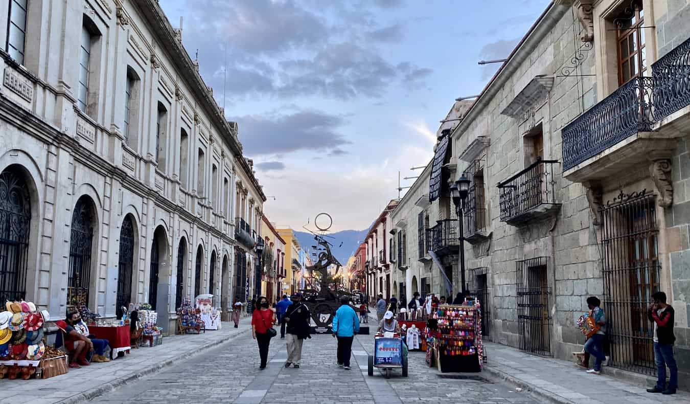 A quiet street in Oaxaca, Mexico as the sun begins to set