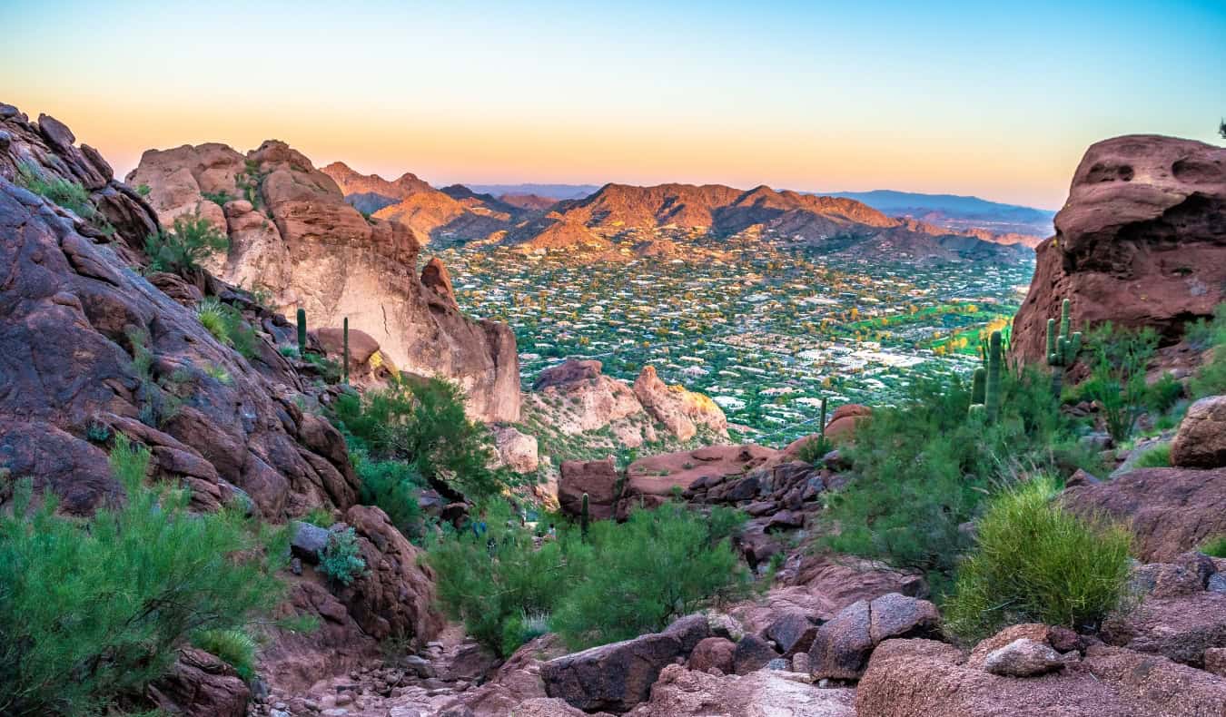 The view overlooking Phoenix from rocky Camelback mountain above the city
