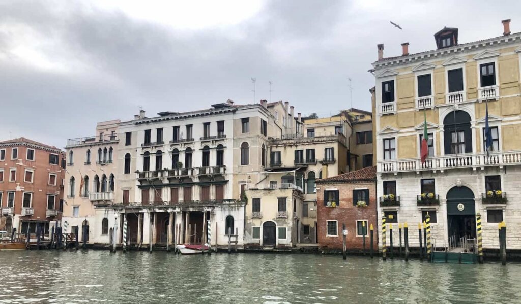A gray day in historic Venice, Italy along the water