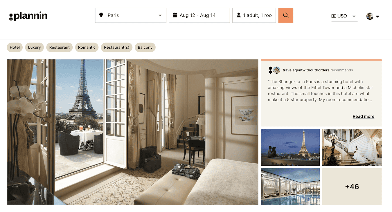 A screenshot from the Plannin hotel website's homepage